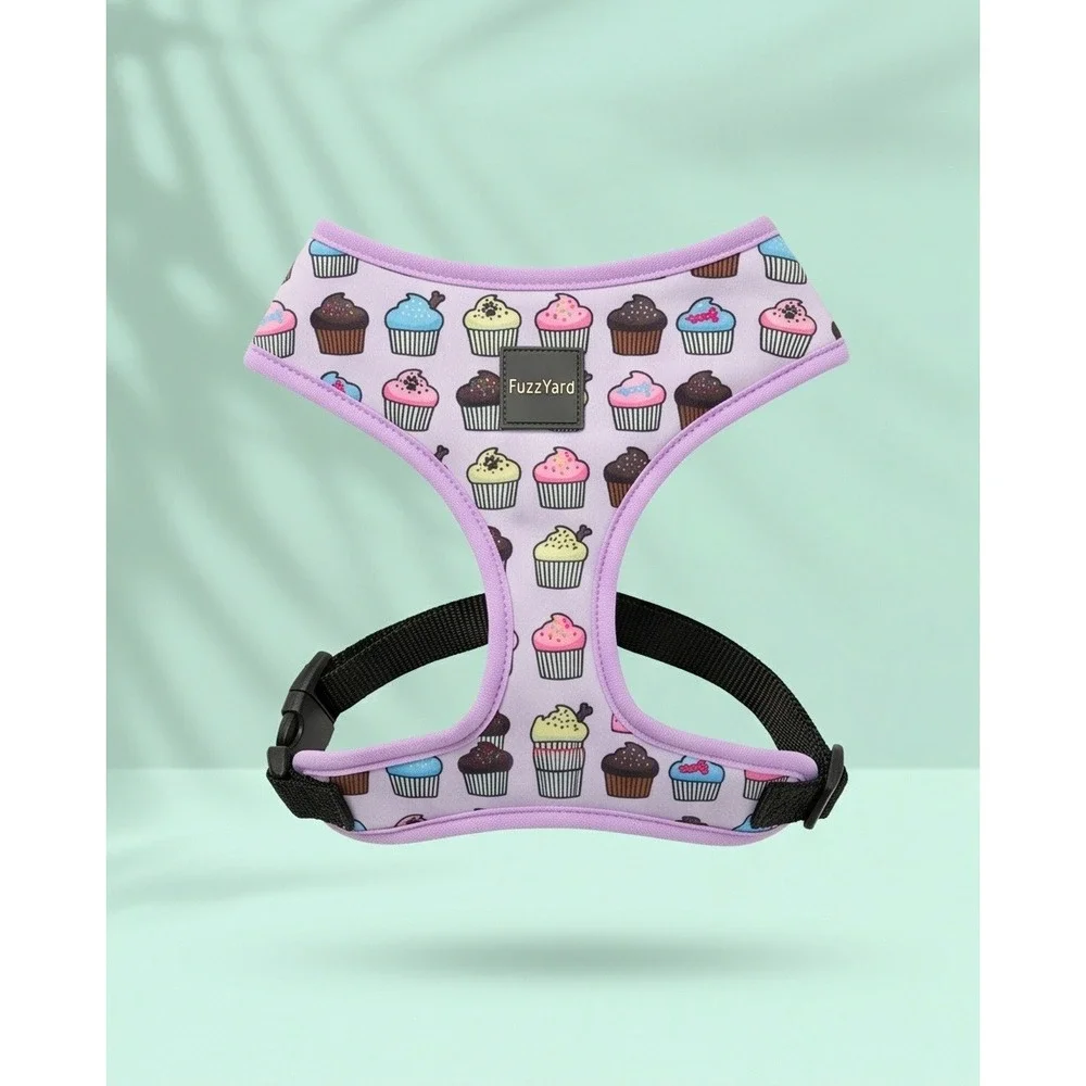 FuzzYard Dog Harness Large Cupcake Print Purple Trim Adjustable Soft Halter